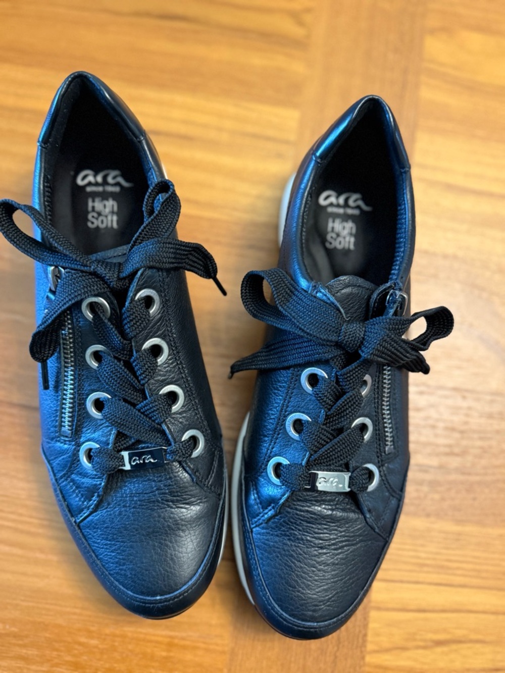 Ara Black Leather Low-Top Sneaker with White Sole